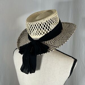 Scala Collezione Woven Palm Straw Sun Hat Black Cream Beige Two-Tone Bow Sash OS
